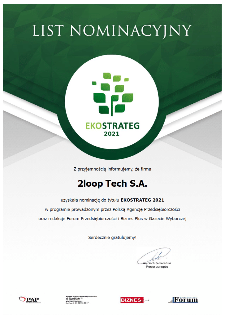 2loop Tech S.A z nominacją do nagrody EKOSTRATEG 2021
